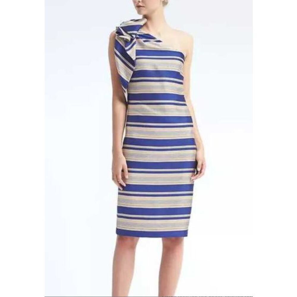 NWT Banana Republic One-Shoulder Bow Sheath Dress Womens Sz 10 Blue Ivory Stripe